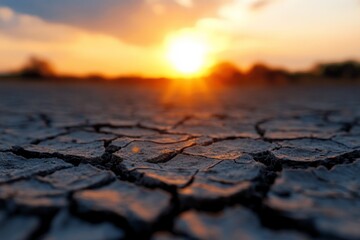 Obraz premium Cracked earth under a sunset sky reveals nature's struggle in a dry landscape during evening hours