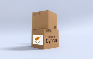 Made in Cyprus, Carboard carton boxes with Cyprian flag 3D Render