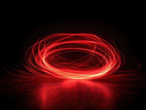 Dynamic red light painting with circular motion on dark background creating abstract art