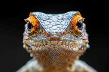 Fototapeta premium Captivating close-up of a colorful lizard with intricate textures and vibrant eyes in natural lighting