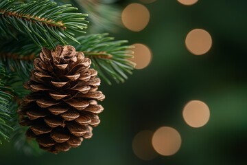 Beautiful pine cone hanging from a tree branch with blurry festive lights in the background during...