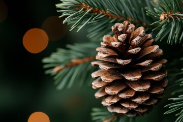Fototapeta premium Holiday pine cone nestled among evergreen branches with soft lights in the background creating a festive atmosphere