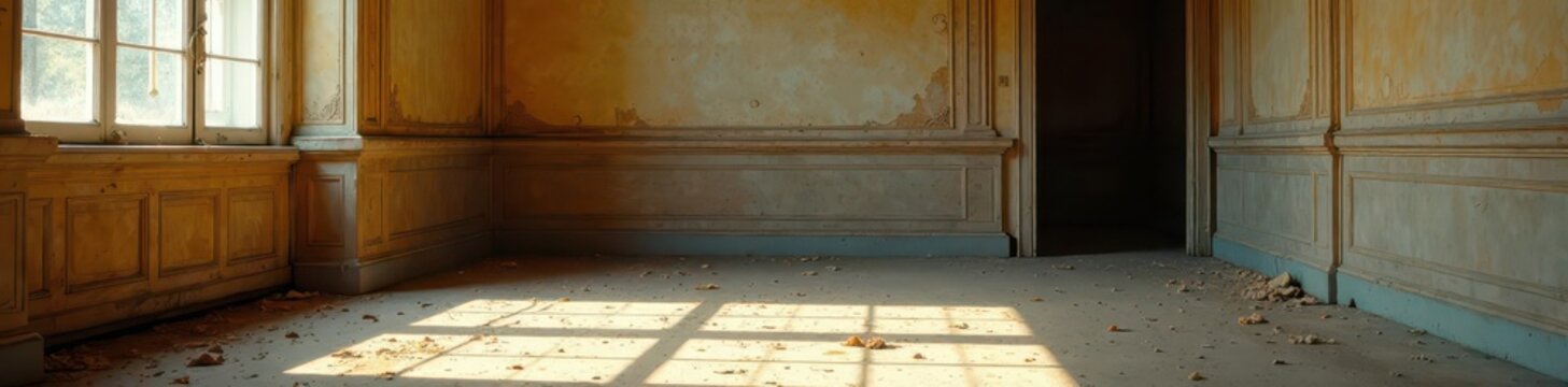 Dust motes in sunlight, peeling paint, ornate molding, bare walls,  design,  home