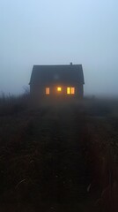 Eerie Foggy Night Scene of a House with Warm Glowing Windows in a Rural Landscape