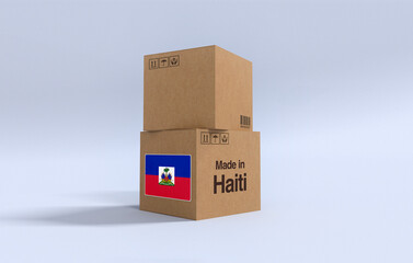 Made in Haiti,Carboard carton boxes with Haitian flag 3D Render