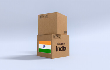 Made in India, Carboard carton boxes with Indian flag 3D Render