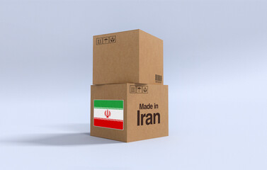 Made in Iran, Carboard carton boxes with Iranian flag 3D Render