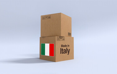 Made in Italy, Carboard carton boxes with Italian flag 3D Render