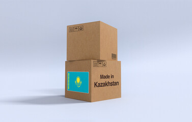 Fototapeta premium Made in Kazakhstan, Carboard carton boxes with Kazakhstani flag 3D Render