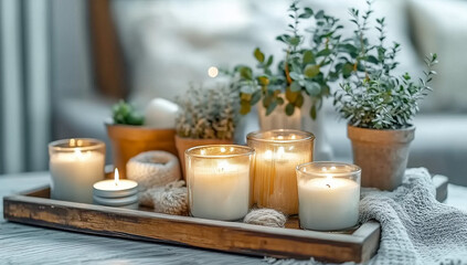 Fototapeta premium Rustic Decor Table with Candles and Wooden Tray – Warm Soft Lighting for Cozy and Inviting Atmosphere