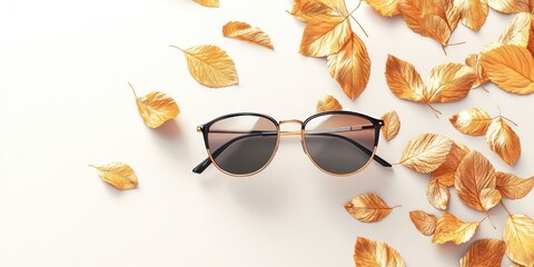 Obraz premium Autumnal Sunglasses Fashion: Golden Leaves and Stylish Shades