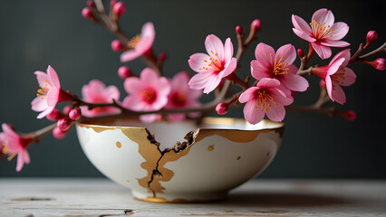 A delicate cherry blossom branch blooms from a cracked ceramic bowl, repaired with golden Kintsugi. The image symbolizes beauty in imperfection, resilience, and renewal.