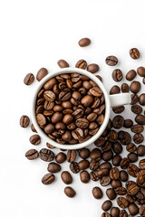 Top view Coffee beans in coffee cup isolated on white