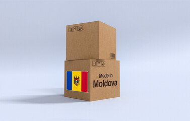 Made in Moldova, Carboard carton boxes with Moldovan flag 3D Render