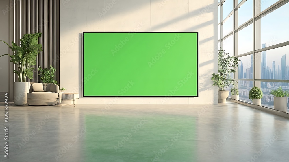 Poster a large widescreen monitor featuring a green screen, ideal for presentations and creative projects.