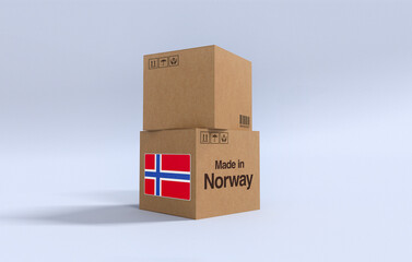 Made in Norway, Carboard carton boxes with Norwegian flag 3D Render