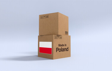 Made in Poland, Carboard carton boxes with Polish flag 3D Render