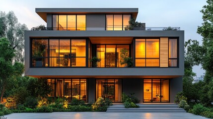 Fototapeta premium Modern house twilight exterior, landscaping, luxury
