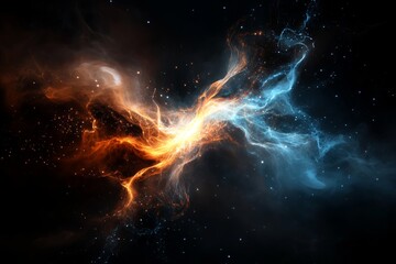 Colorful cosmic nebula displays vibrant orange and blue hues against a starry backdrop in deep space