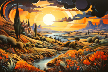 Countryside Concept Abstract Colorful Scenery Painting