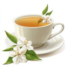 Warm Cup of Herbal Tea with Jasmine Flowers and Green Leaves on White Plate, Close-Up View, Relaxation Beverage, Natural Wellness, Calm Moment, Aromatic Drink, Kitchen Decor, Home Environment