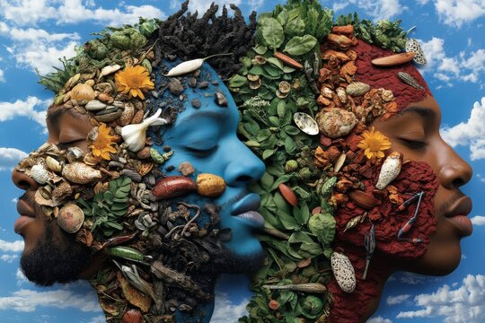 Creative artistic representation showcasing three human faces adorned with natural elements against a vibrant blue sky