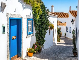 Obraz premium A picturesque narrow street lined with white houses, featuring a vibrant blue door and lush greenery, creating a charming and inviting atmosphere.