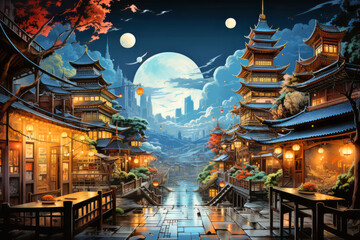 Obraz premium Oriental City Concept Abstract Colorful Scenery Painting