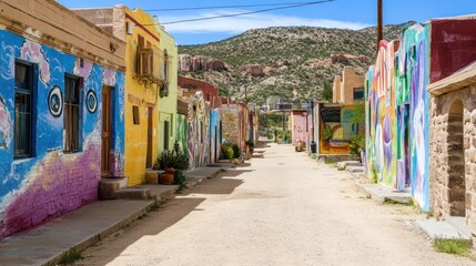 Obraz premium A vibrant street with colorful murals on buildings, set against a mountainous backdrop, creating a lively and artistic atmosphere.