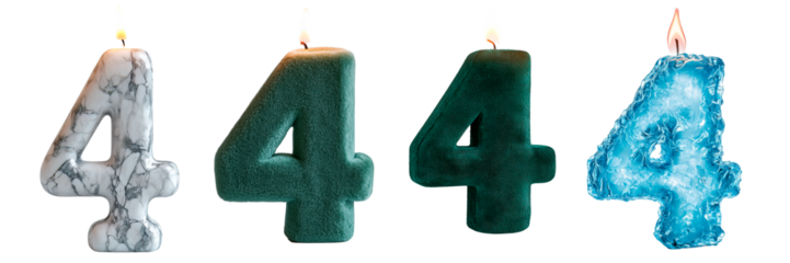 Set of number 4 candles in different materials and textures isolated on a transparent background. Includes marble, velvet, dark green matte, and blue ice designs