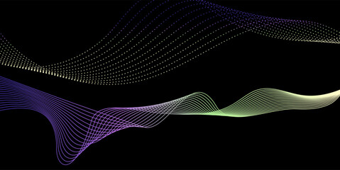 Dynamic Flowing Lines and Dots Technology Background, featuring elegant flowing waves and glowing dotted particles on a dark background.