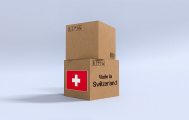Fototapeta premium Made in Switzerland, Carboard carton boxes with Swiss flag 3D Render
