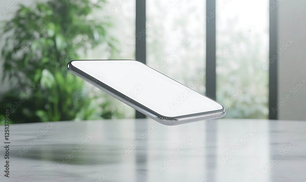 Poster a smartphone levitating with a blank white screen, perfect for showcasing tech design and innovation