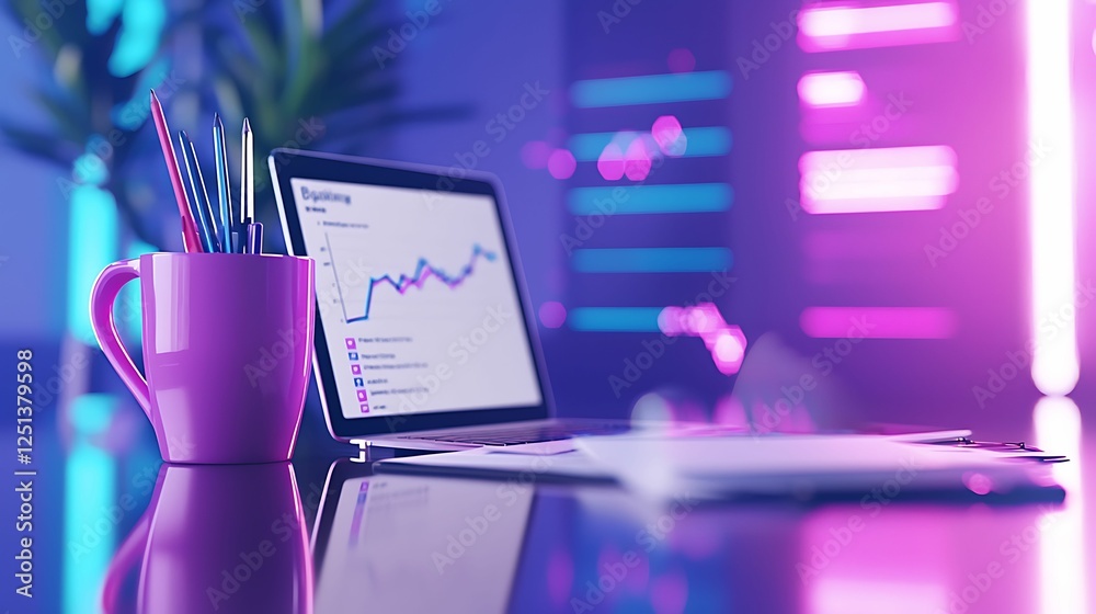 Canvas Prints a vibrant workspace featuring a laptop displaying data trends, surrounded by colorful lighting and a