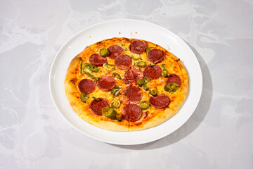 Traditional Turkish cuisine. Pizza, pita, pidesi, sucuk, hummus, kebab. Many dishes on the table. Serving dishes in restaurant. Mix, formaggi, veggie pizza. Top view, flat lay