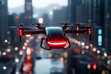 Flying drone captures urban skyline at dusk with glowing lights in a vibrant city atmosphere