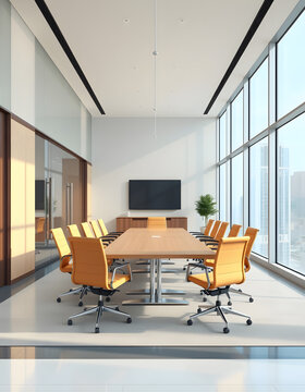 Modern conference room with a central table and chairs in a stylish office building. 3D Rendering. with white shades