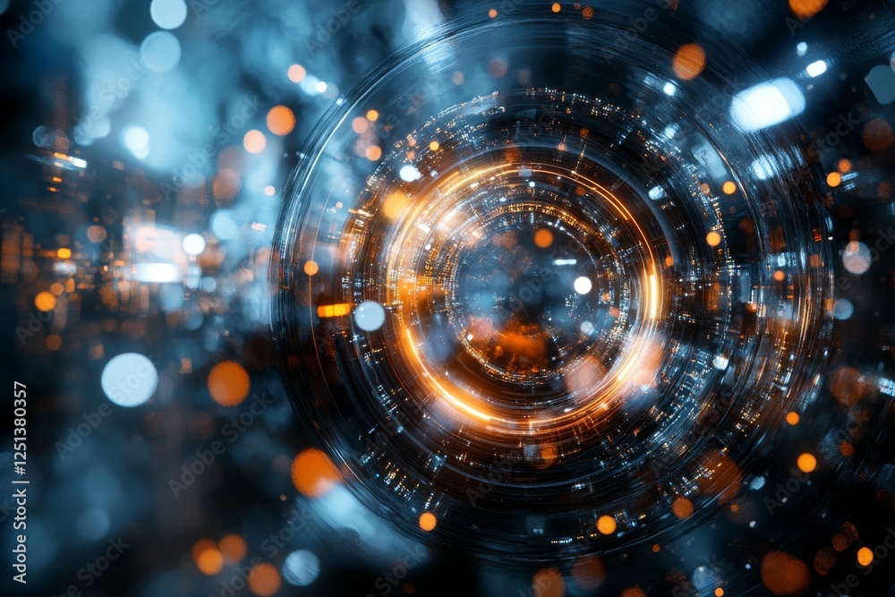 Poster dynamic circular pattern with glowing lights and abstract design elements in a futuristic digital en