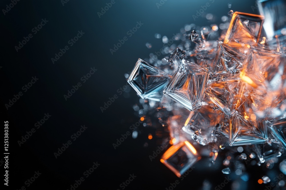 Poster abstract composition of crystal-like structures reflecting light in a dark background with vibrant c