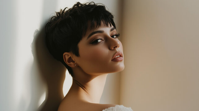 Sophisticated young woman with a sleek pixie haircut and subtle makeup, leaning elegantly against a neutral wall