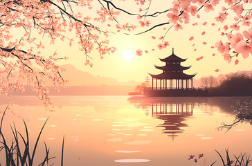 Obraz premium Oriental ancient charm under the sunset by the lake