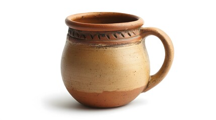 A handmade pottery mug, isolated on a white surface