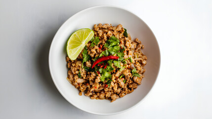 Minimalist Composition of Thai Laab Moo Dish with Fresh Herbs and Lime on White Background