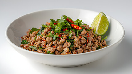 Minimalist Plating of Thai Laab Moo with Fresh Herbs and Lime Garnish for Culinary Photography