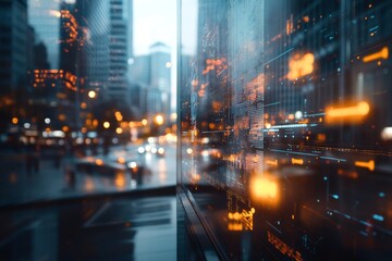 Fototapeta premium Cityscape at dusk showcasing vibrant digital displays and urban life reflected on a rain-soaked surface