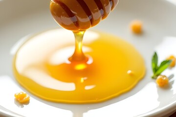 Close-up of Pure Honey Drizzling with a Soft Golden Glow