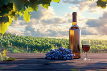 Fototapeta premium A bottle of wine stands with glass wine on a wooden table, next to it lie bunches of blue grapes, in the background is a vineyard field