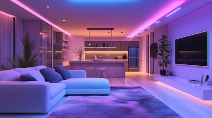 Modern living room with colorful LED lighting, kitchen visible in background