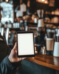 Person holding tablet in coffee shop setting.