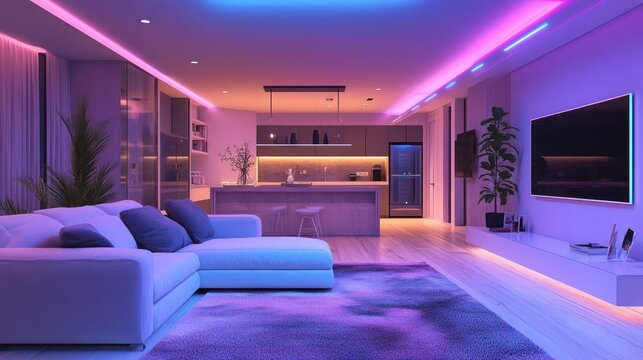 Modern living room with colorful LED lighting, kitchen visible in background